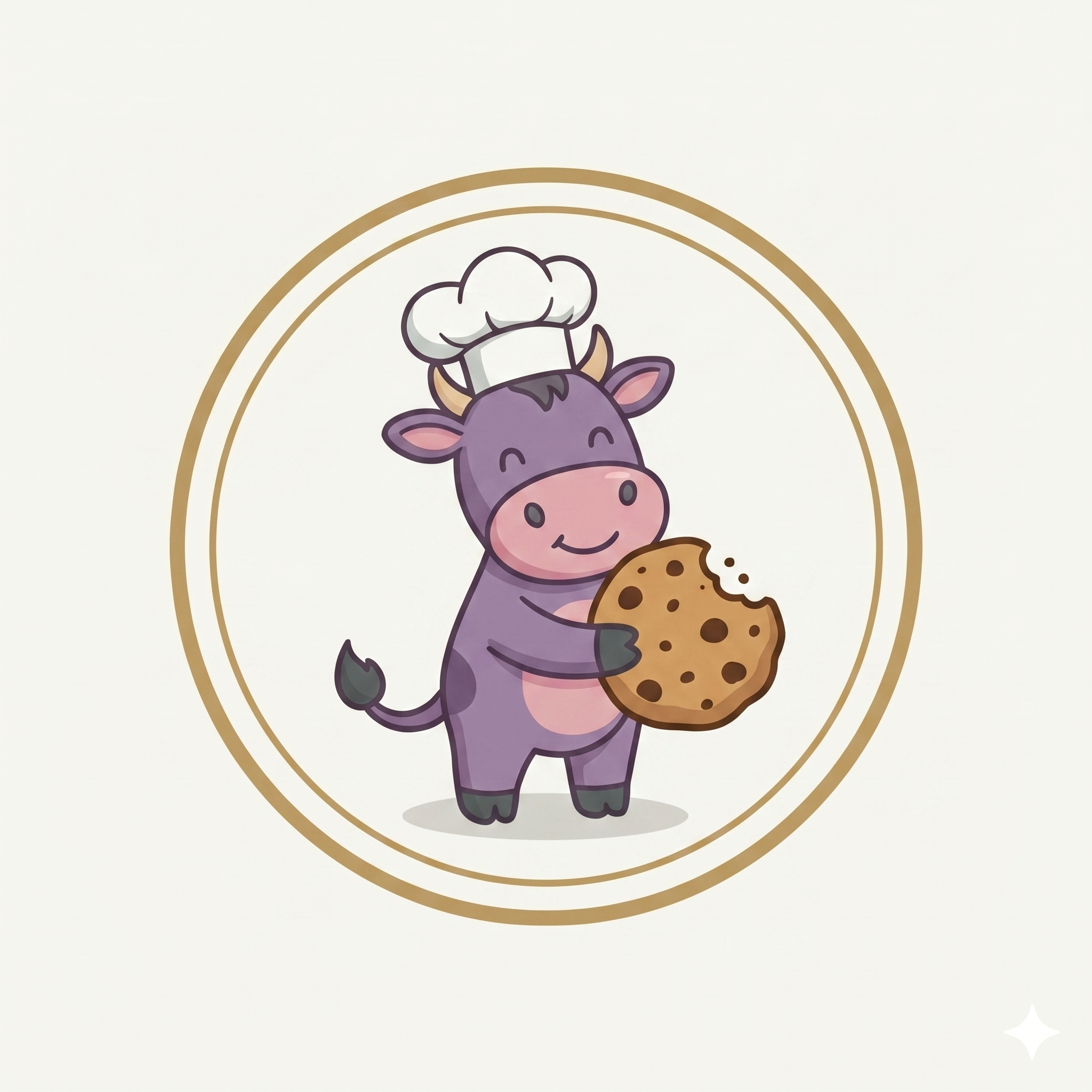 Crumb and Get It Bakery mascot — purple cow baker hugging a cookie